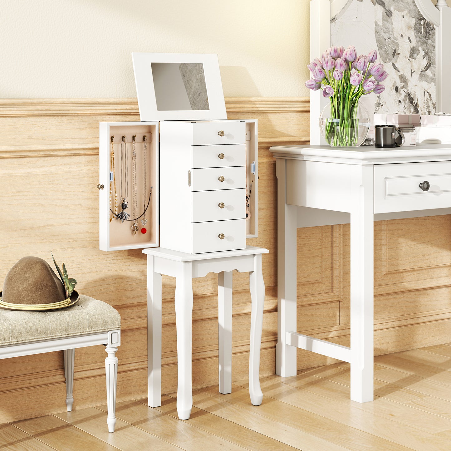 Standing Jewelry Armoire Cabinet with Mirror and 5 Drawers