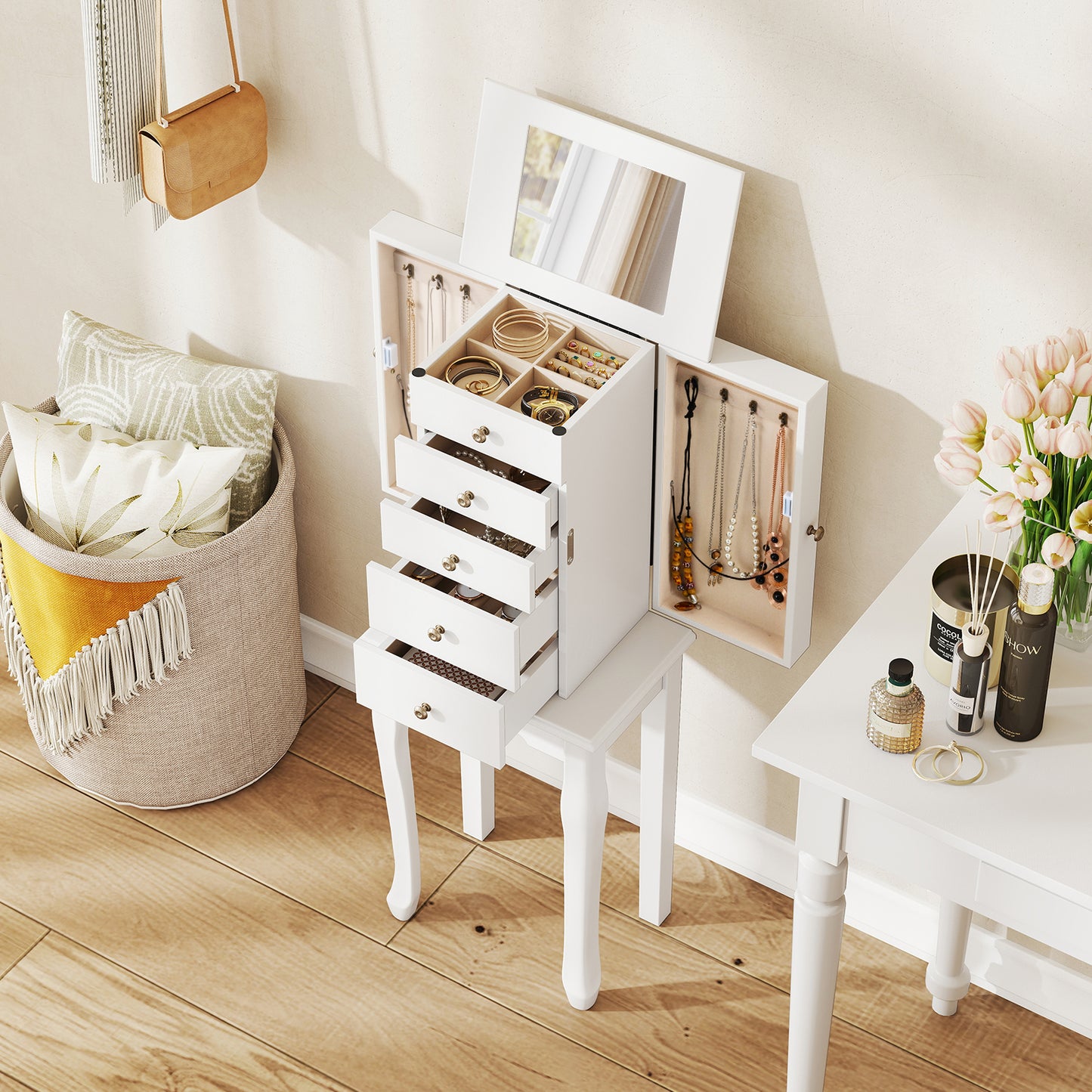 Standing Jewelry Armoire Cabinet with Mirror and 5 Drawers