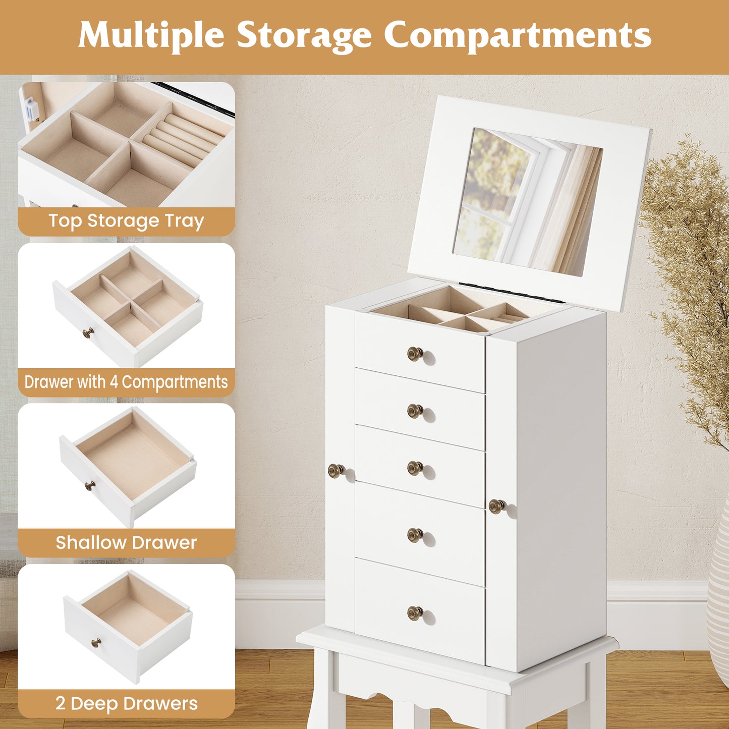 Standing Jewelry Armoire Cabinet with Mirror and 5 Drawers