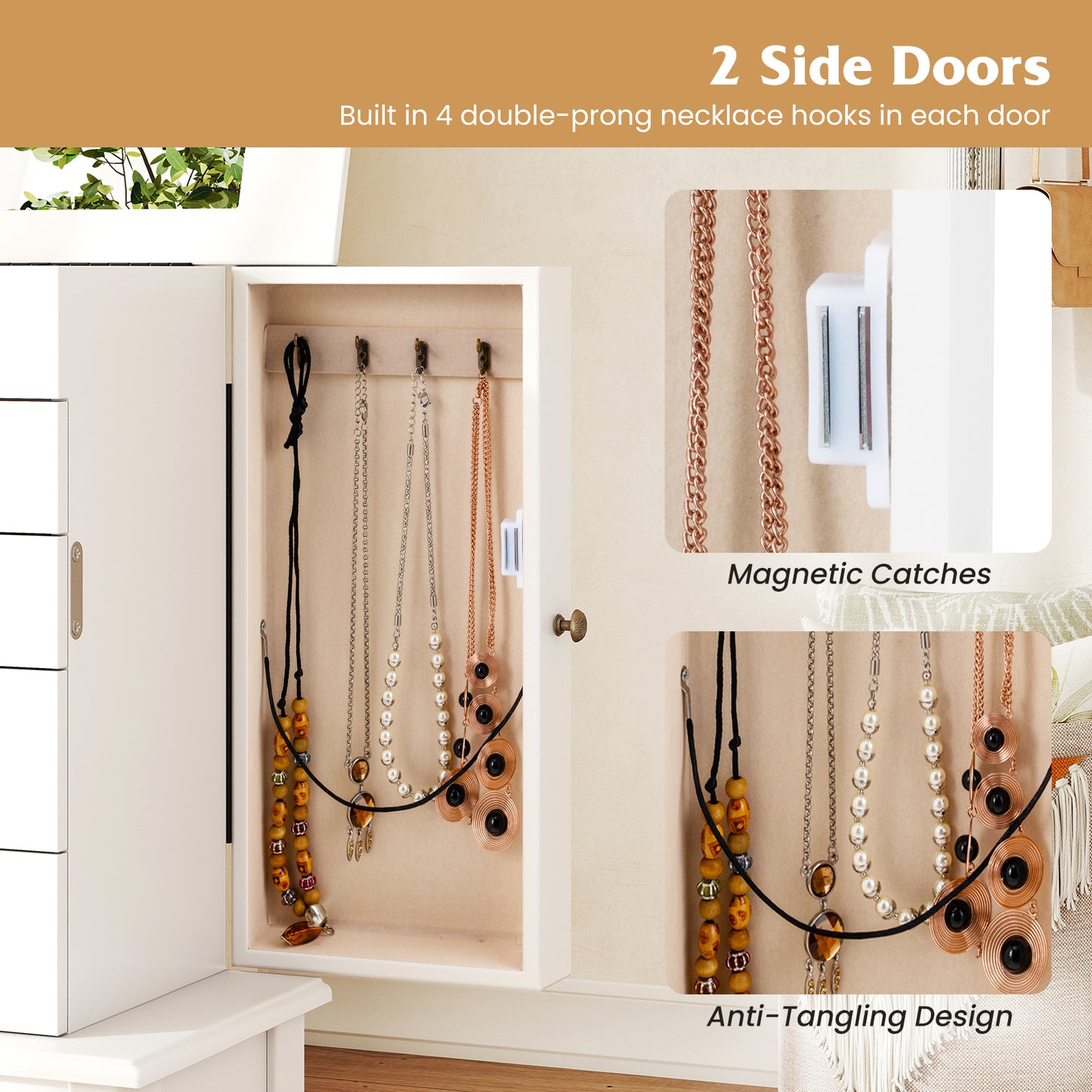 Standing Jewelry Armoire Cabinet with Mirror and 5 Drawers