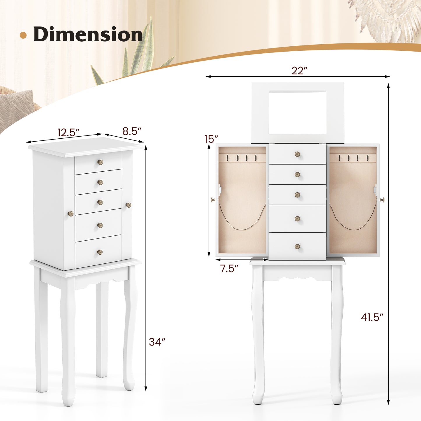 Standing Jewelry Armoire Cabinet with Mirror and 5 Drawers