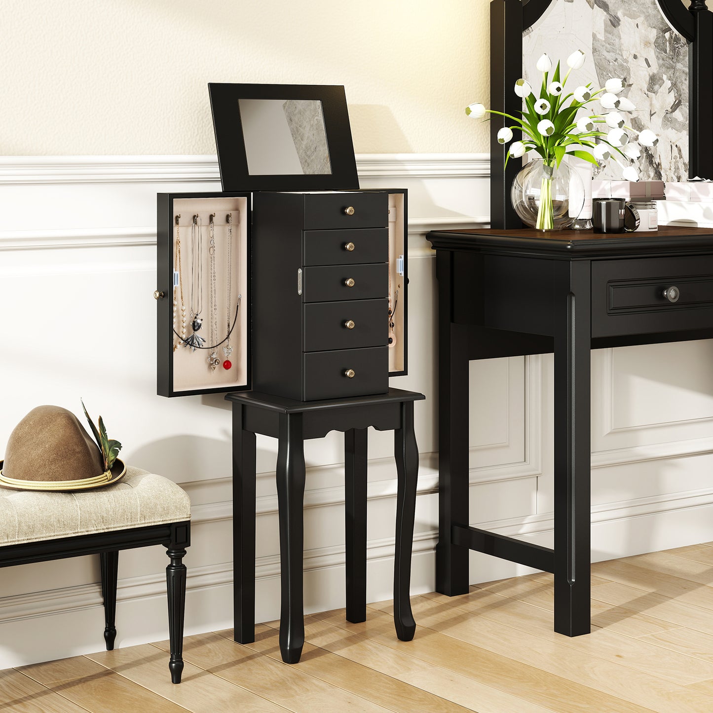 Standing Jewelry Armoire Cabinet with Mirror and 5 Drawers