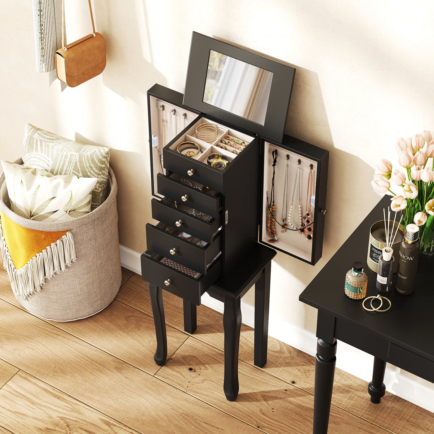 Standing Jewelry Armoire Cabinet with Mirror and 5 Drawers