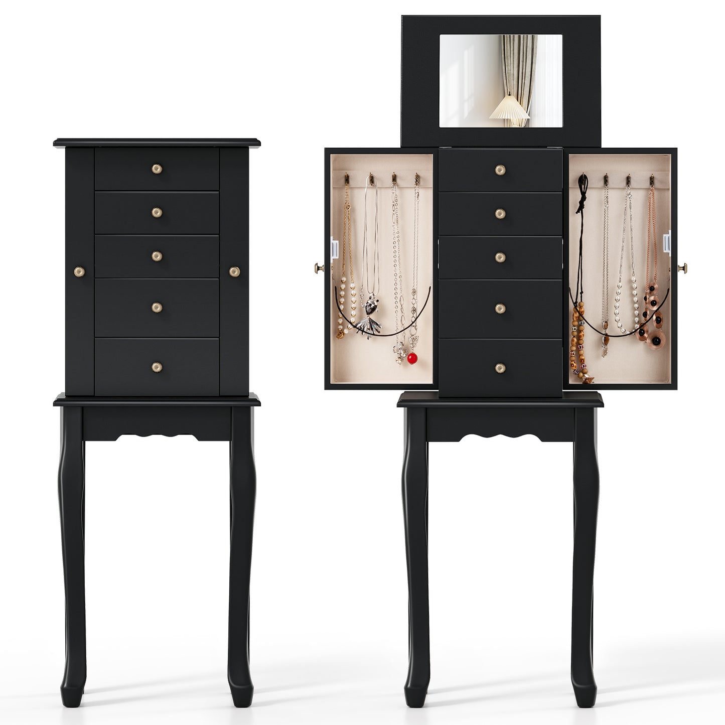 Standing Jewelry Armoire Cabinet with Mirror and 5 Drawers