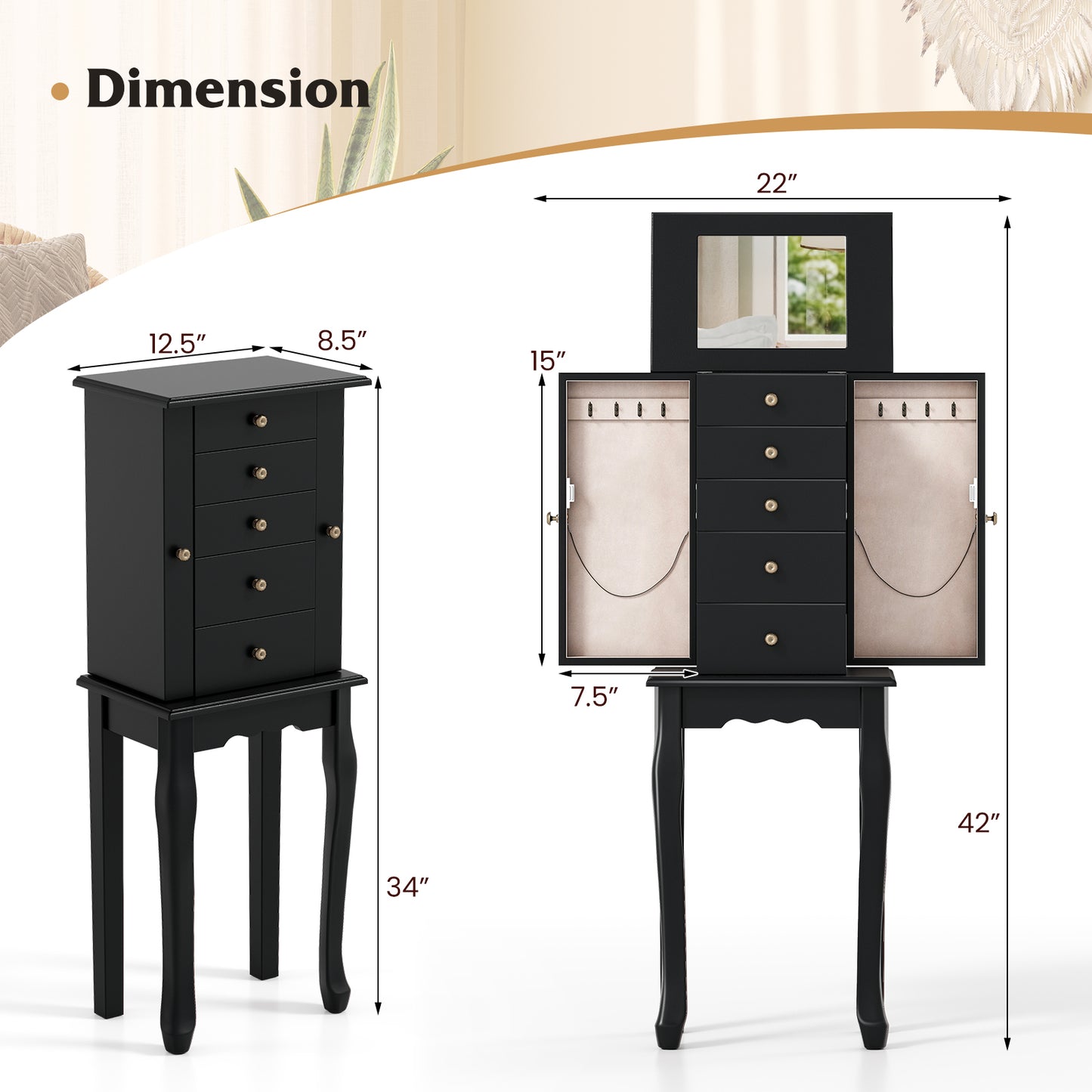 Standing Jewelry Armoire Cabinet with Mirror and 5 Drawers