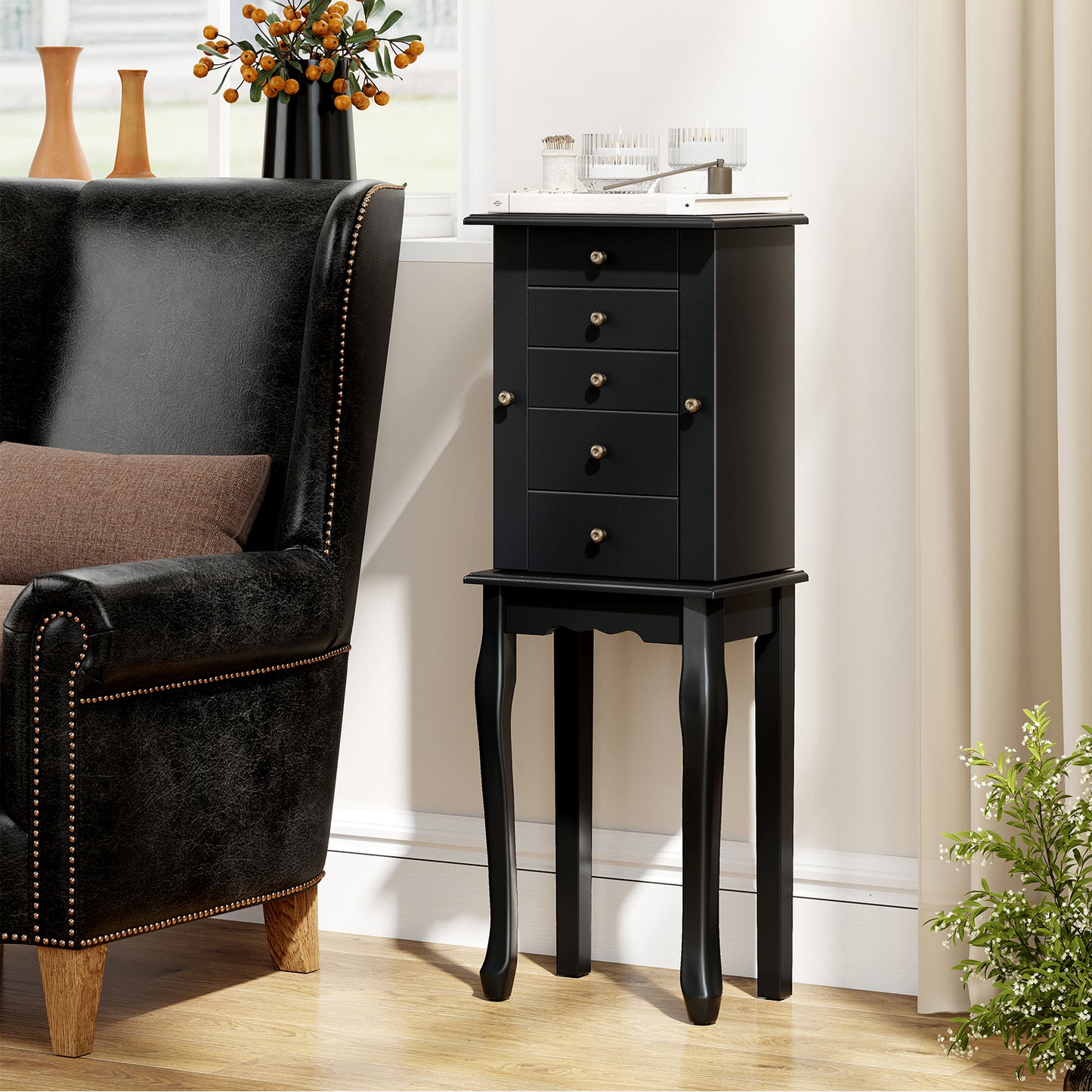 Standing Jewelry Armoire Cabinet with Mirror and 5 Drawers
