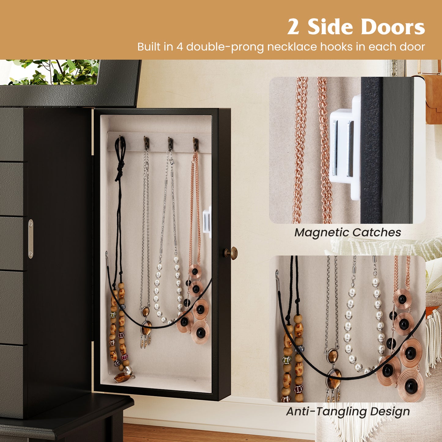 Standing Jewelry Armoire Cabinet with Mirror and 5 Drawers
