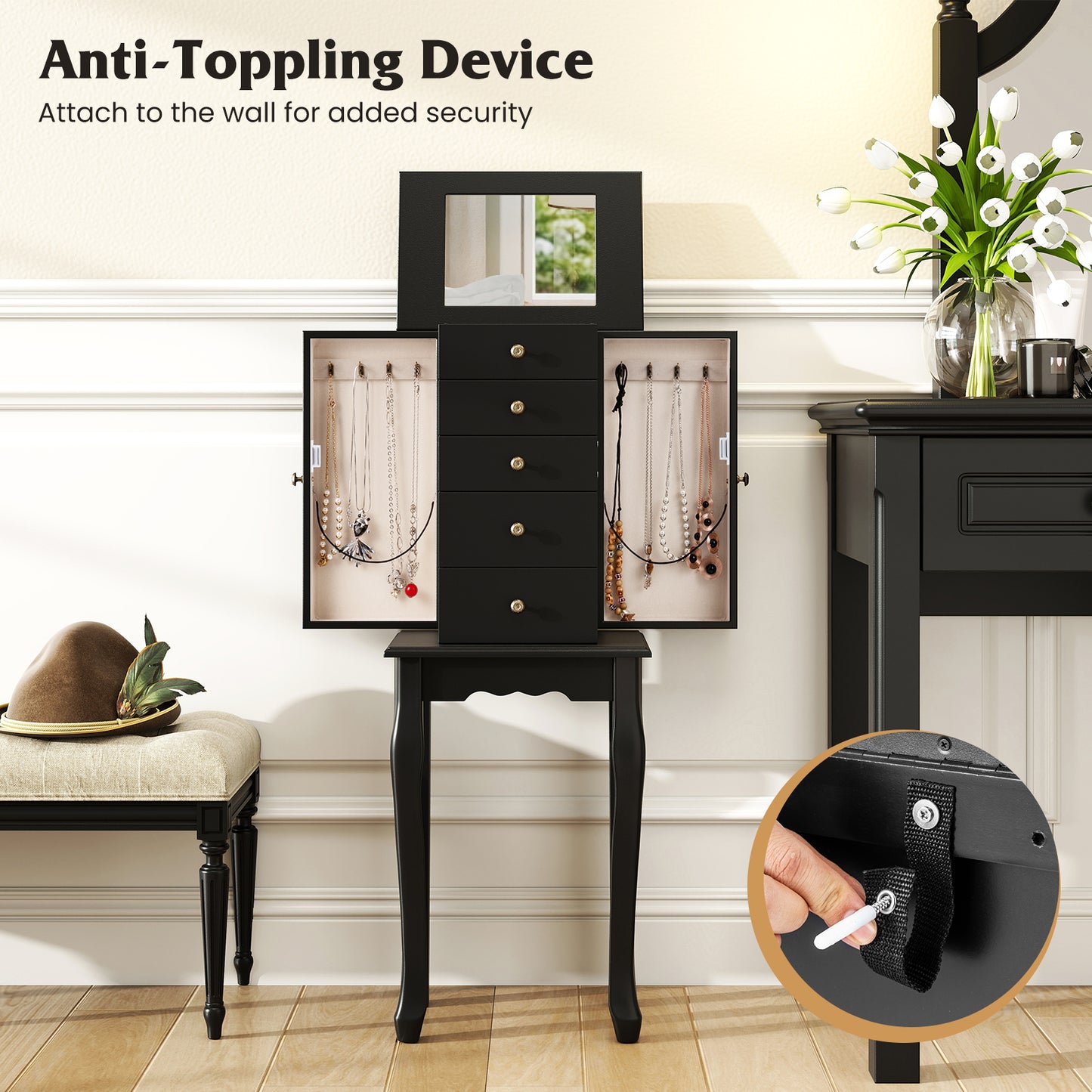 Standing Jewelry Armoire Cabinet with Mirror and 5 Drawers