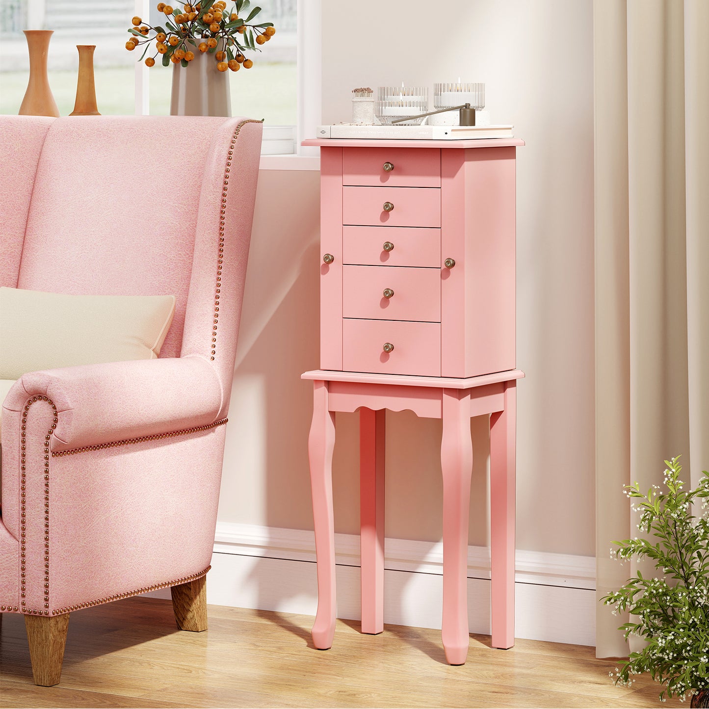 Standing Jewelry Armoire Cabinet with Mirror and 5 Drawers
