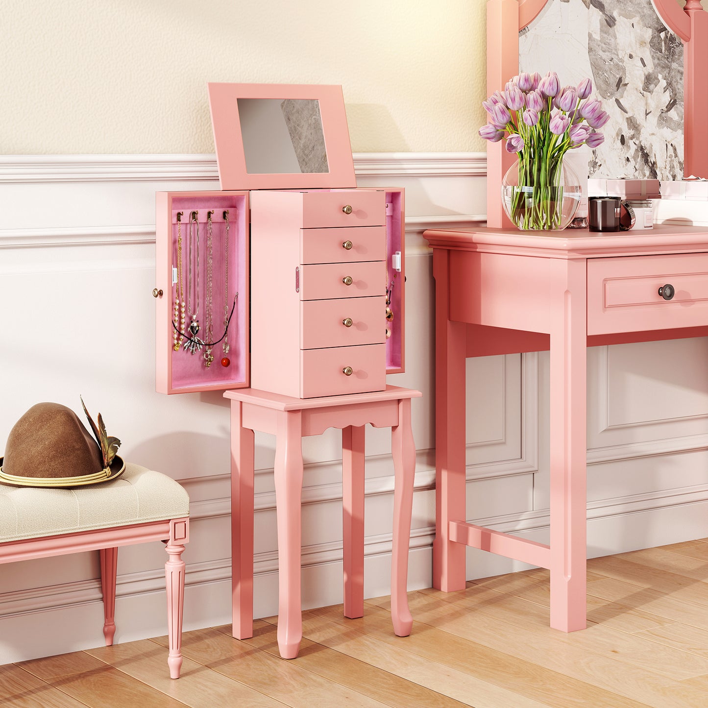 Standing Jewelry Armoire Cabinet with Mirror and 5 Drawers