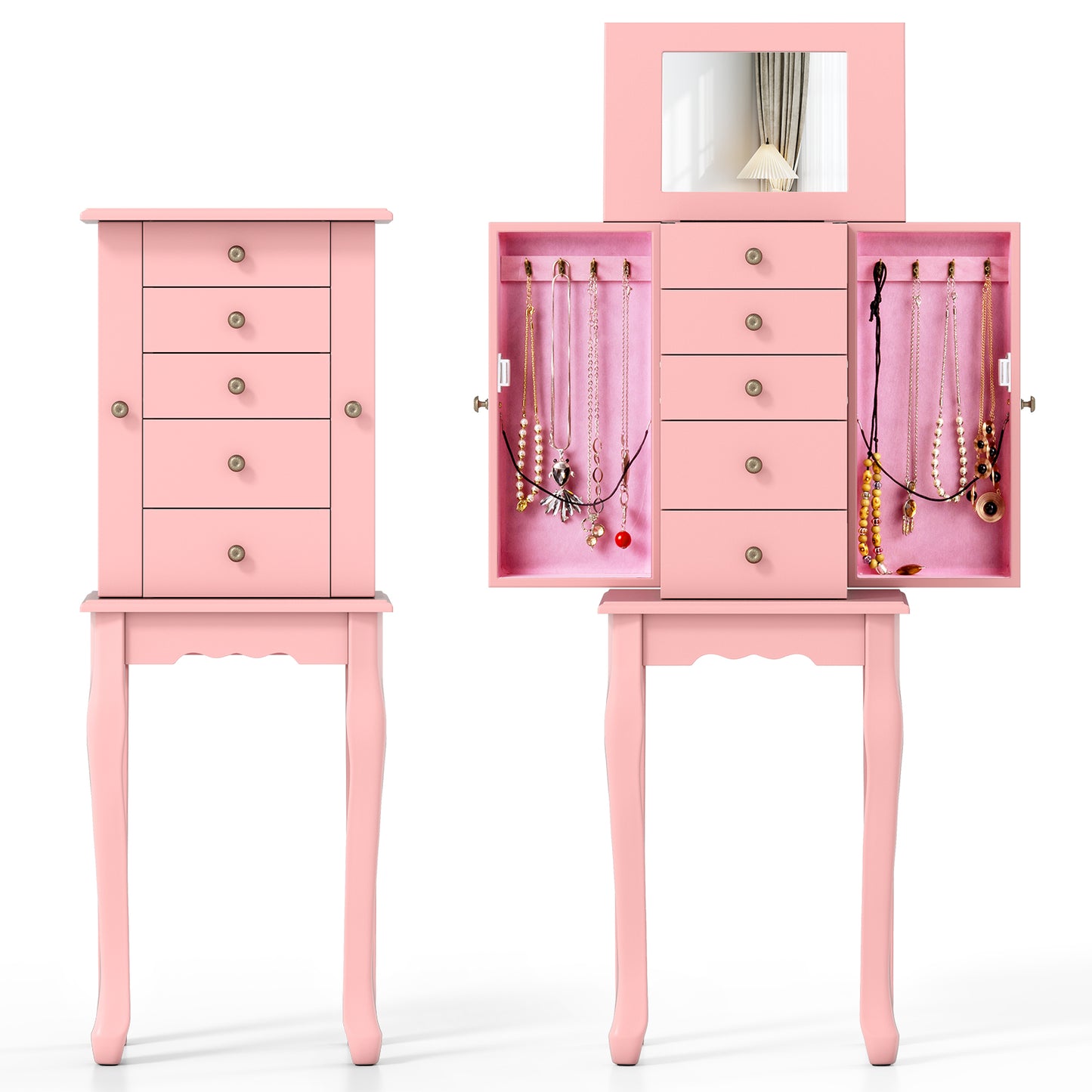 Standing Jewelry Armoire Cabinet with Mirror and 5 Drawers