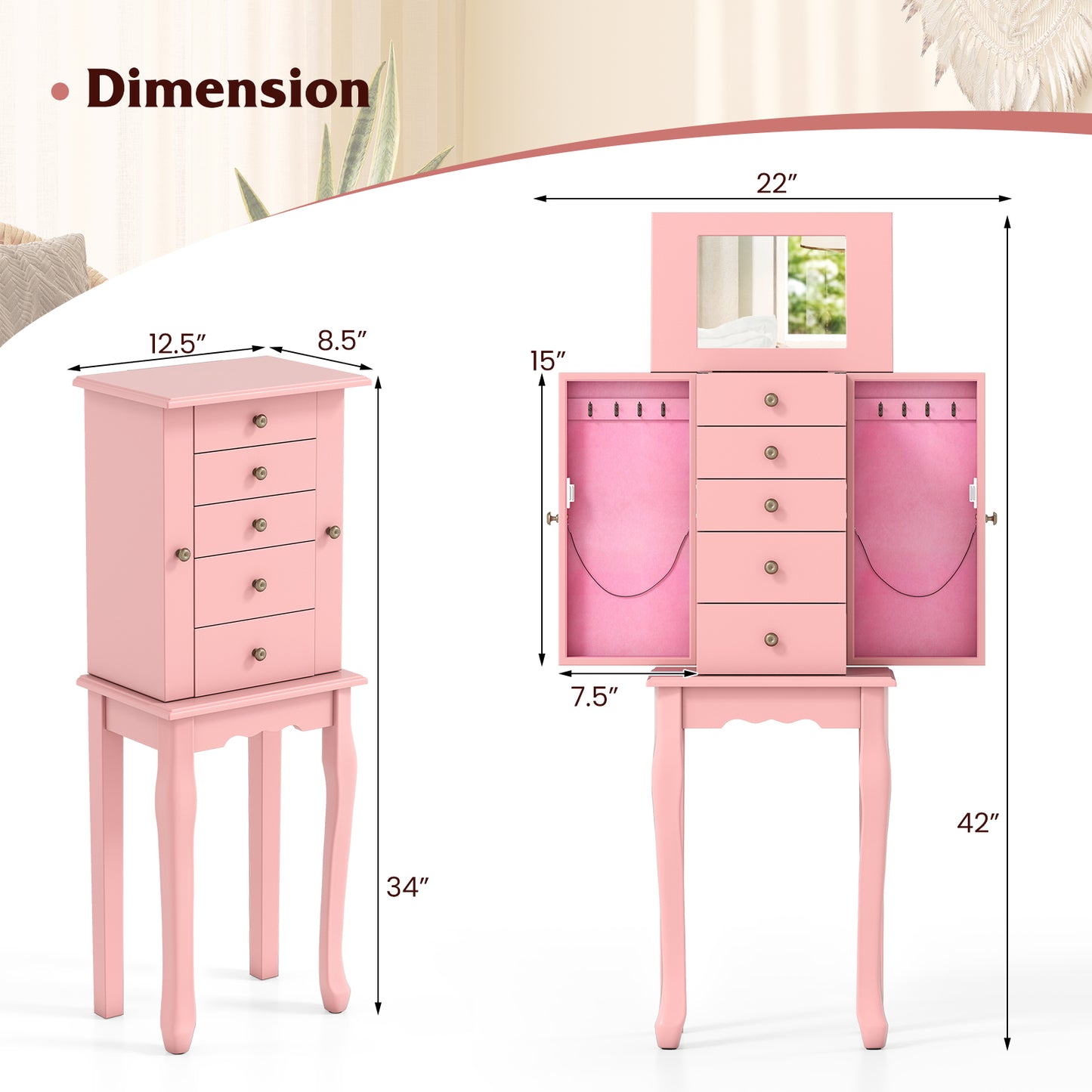 Standing Jewelry Armoire Cabinet with Mirror and 5 Drawers