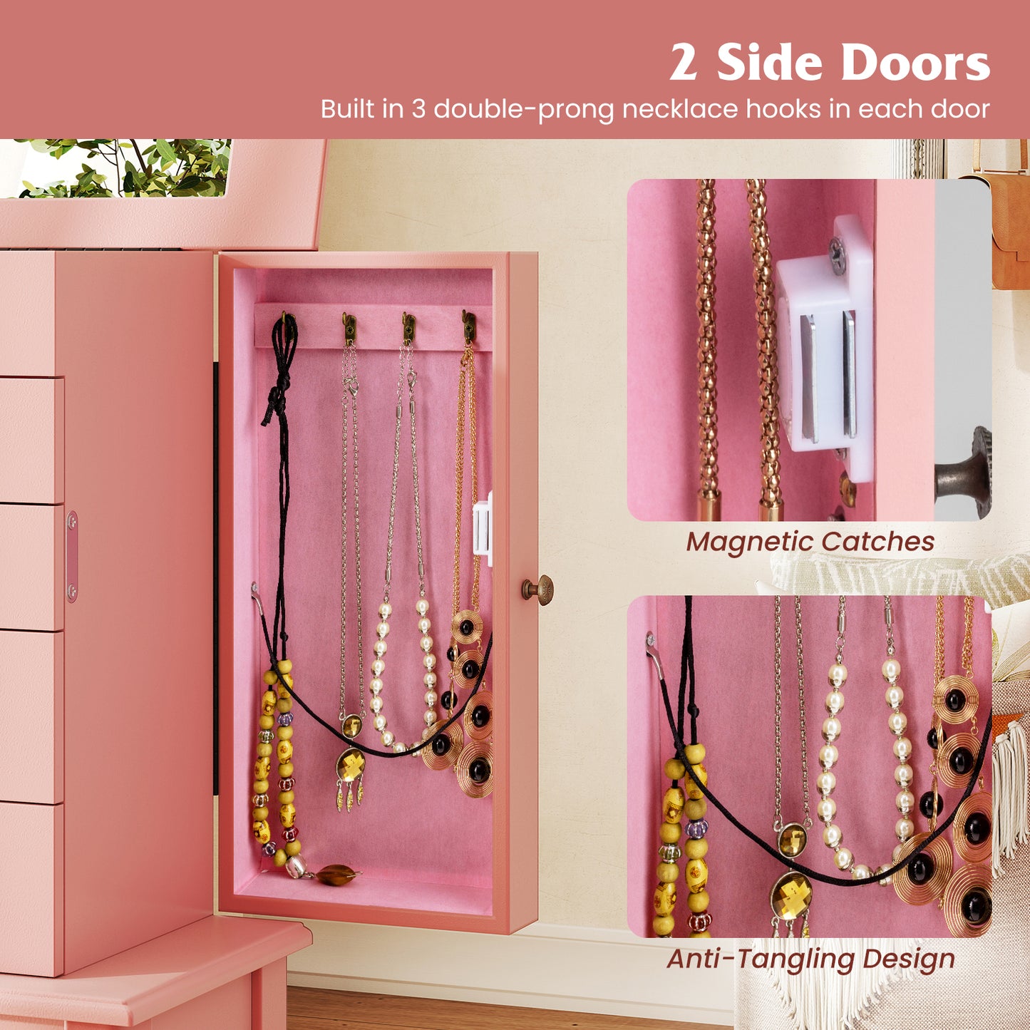 Standing Jewelry Armoire Cabinet with Mirror and 5 Drawers