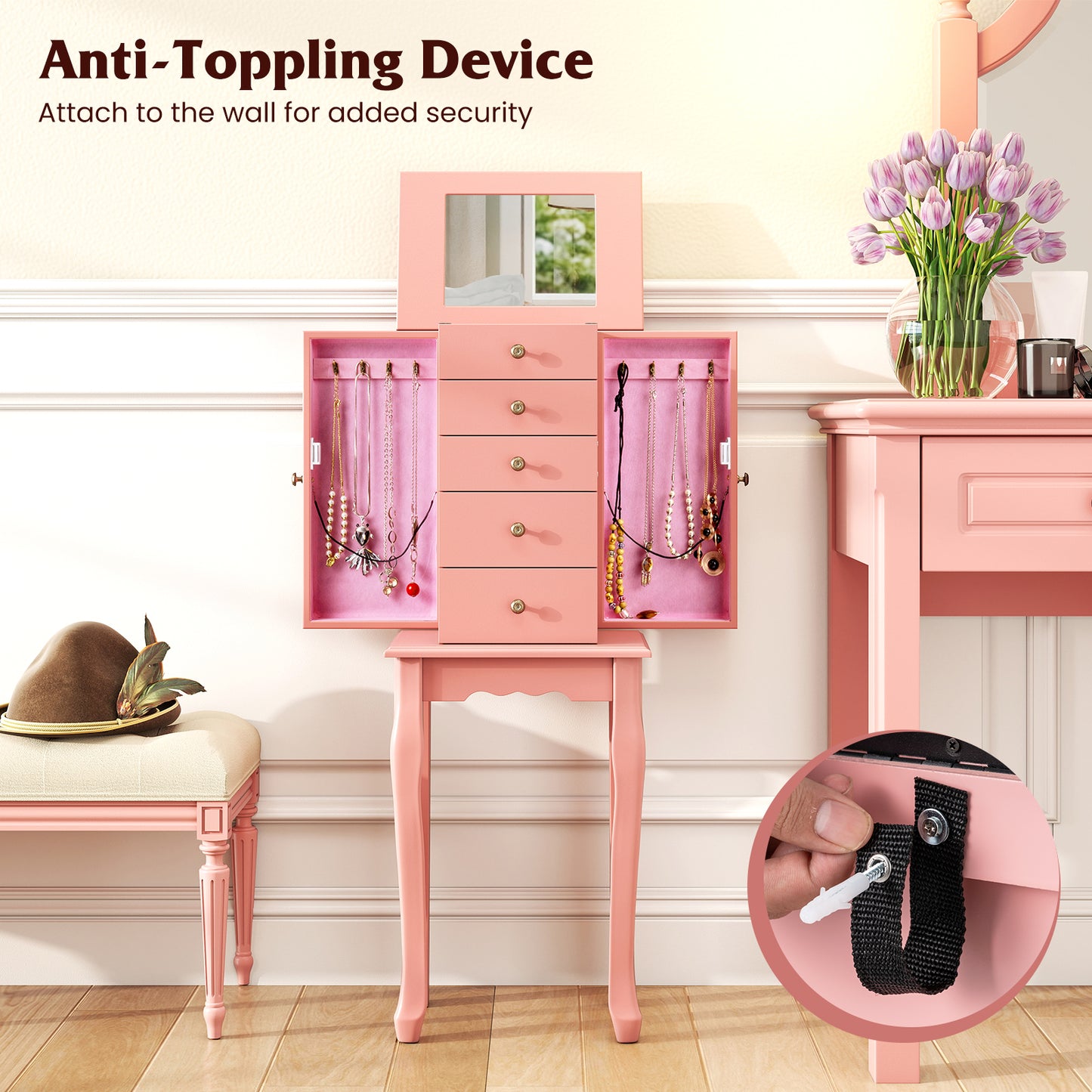 Standing Jewelry Armoire Cabinet with Mirror and 5 Drawers