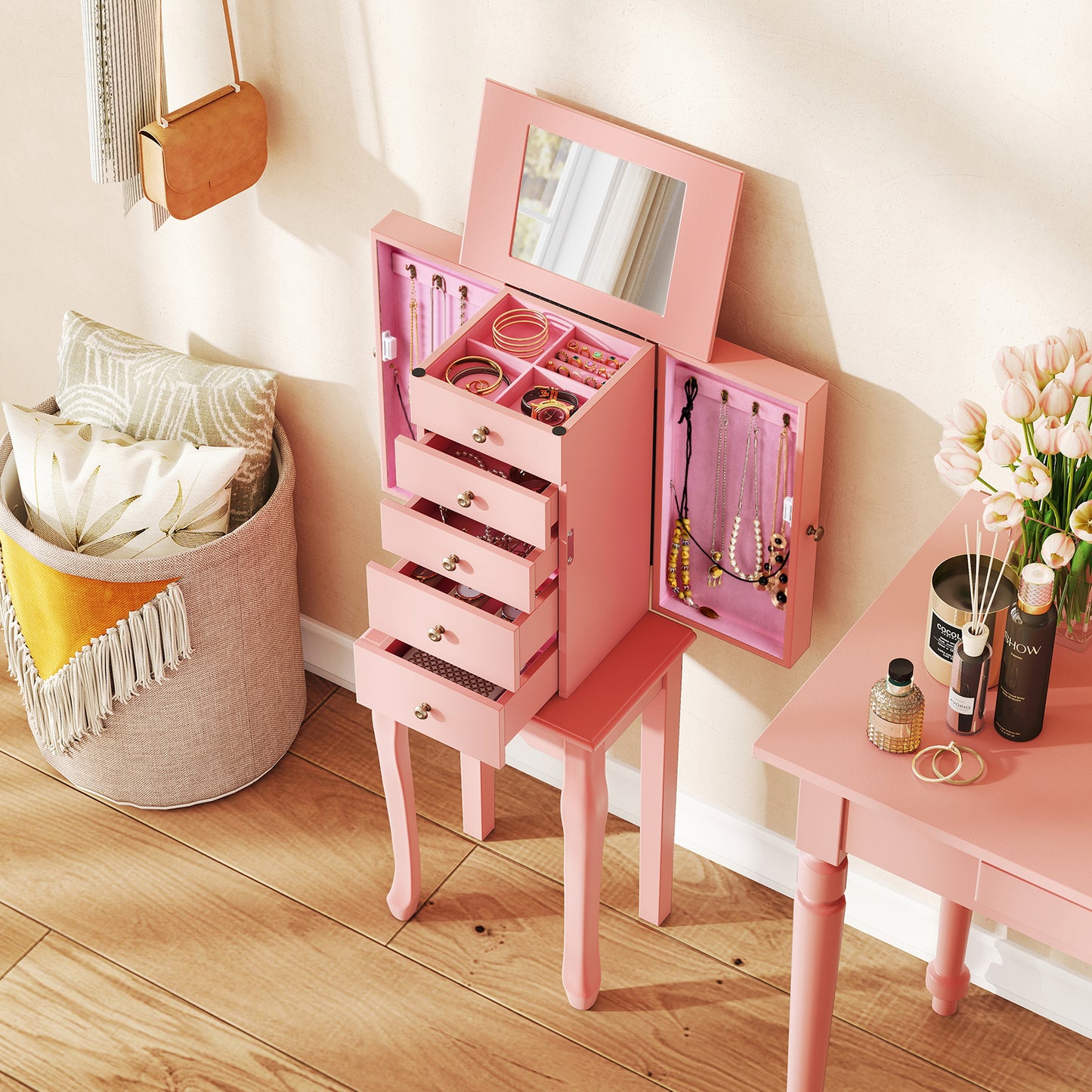 Standing Jewelry Armoire Cabinet with Mirror and 5 Drawers