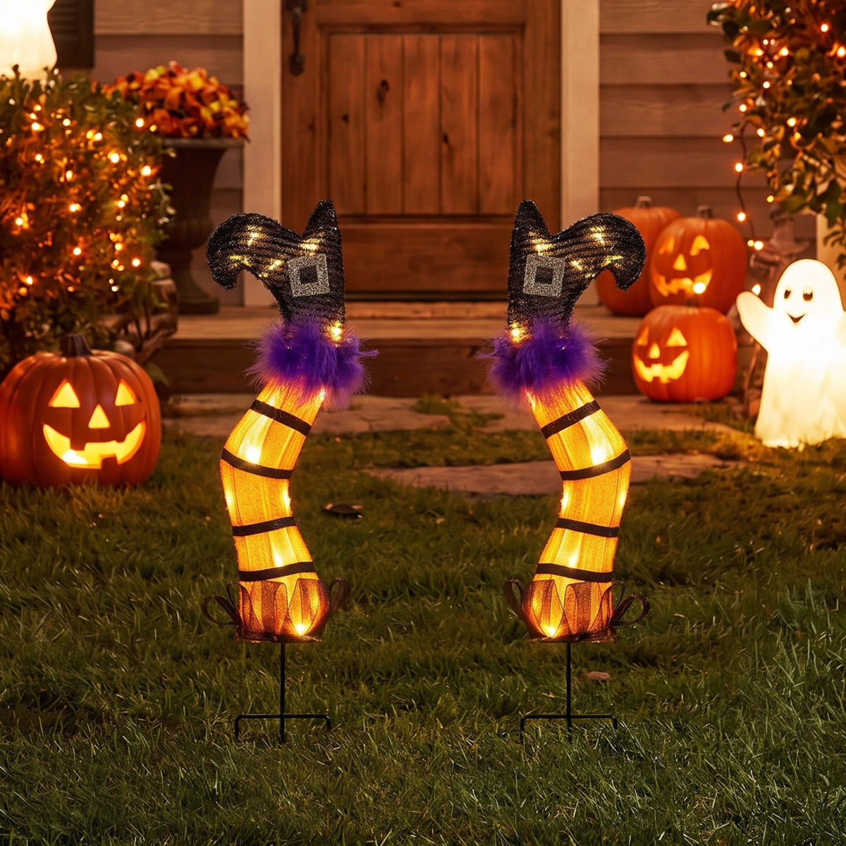Lighted Witch Legs Halloween Decoration Set of 2 with LED Lights