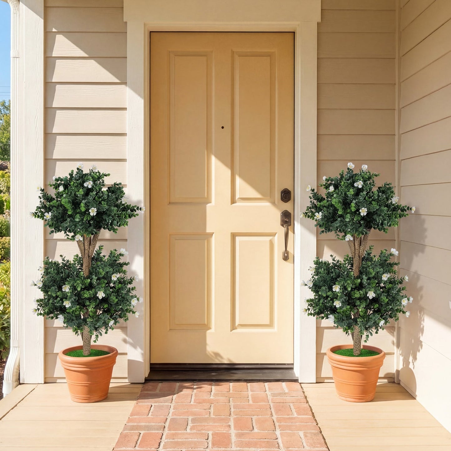 2 Pack 36" Artificial Double Ball Boxwood Topiary Tree with 41 Blossoms