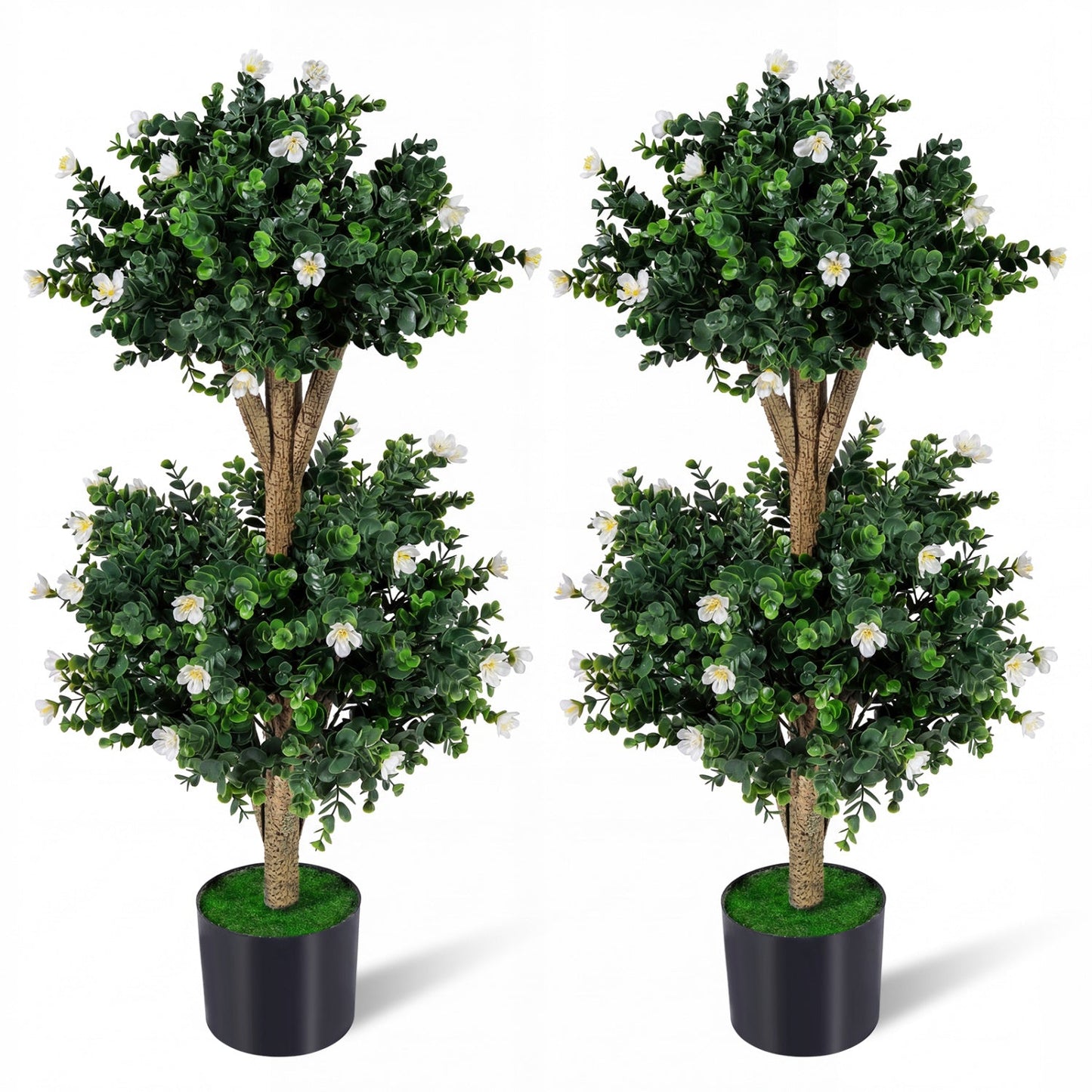 2 Pack 36" Artificial Double Ball Boxwood Topiary Tree with 41 Blossoms