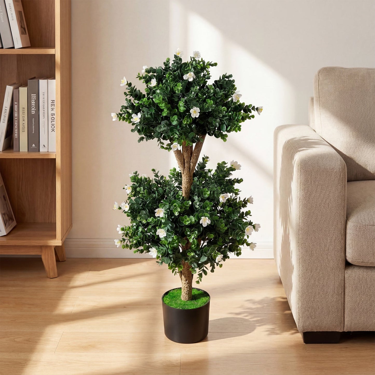 2 Pack 36" Artificial Double Ball Boxwood Topiary Tree with 41 Blossoms