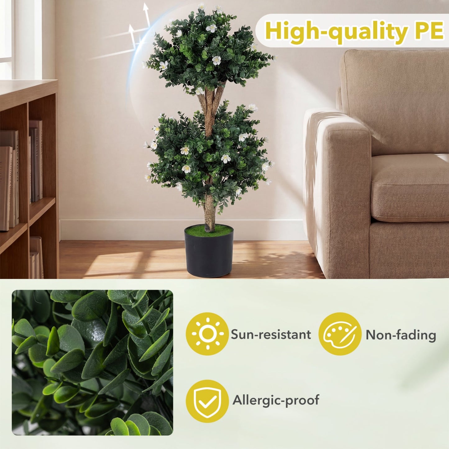 2 Pack 36" Artificial Double Ball Boxwood Topiary Tree with 41 Blossoms