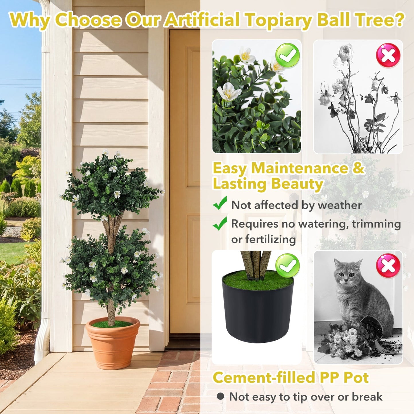 2 Pack 36" Artificial Double Ball Boxwood Topiary Tree with 41 Blossoms
