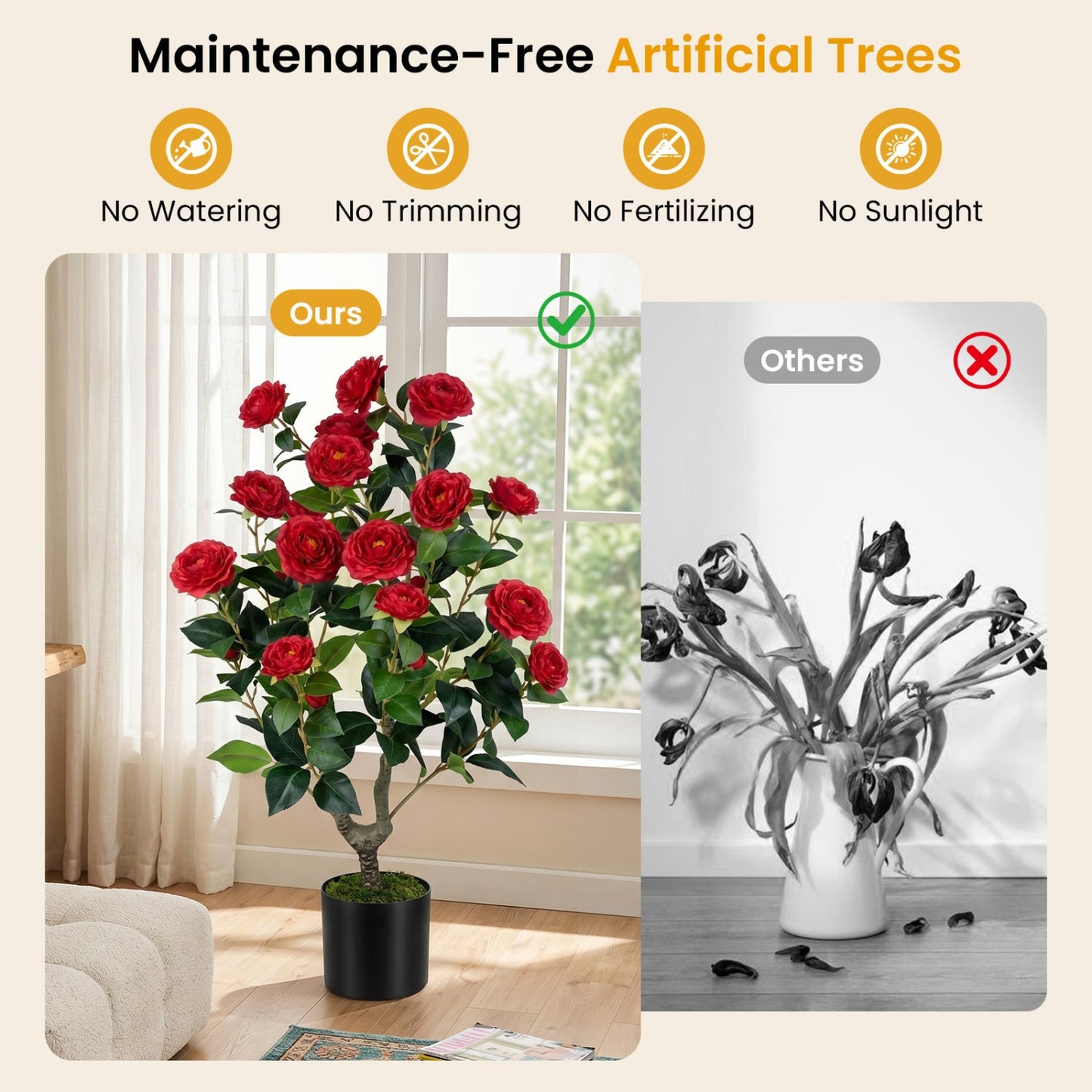 Artificial Camellia Tree in Cement Pot - 35.5" (2-Pack)