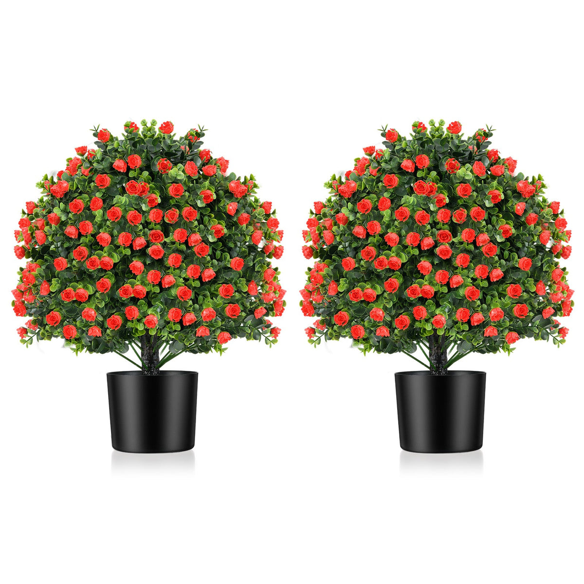 2 Pack Artificial Rose Topiary Ball Tree Faux Shrub Bushes with Flowers-Red