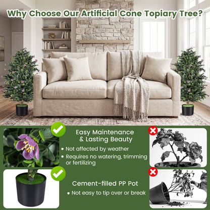 2 Pack Artificial Topiary Cone Tree Faux Potted Shrub Plant with 49 Flowers