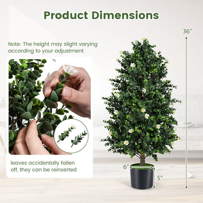 2 Pack Artificial Topiary Cone Tree Faux Potted Shrub Plant with 49 Flowers