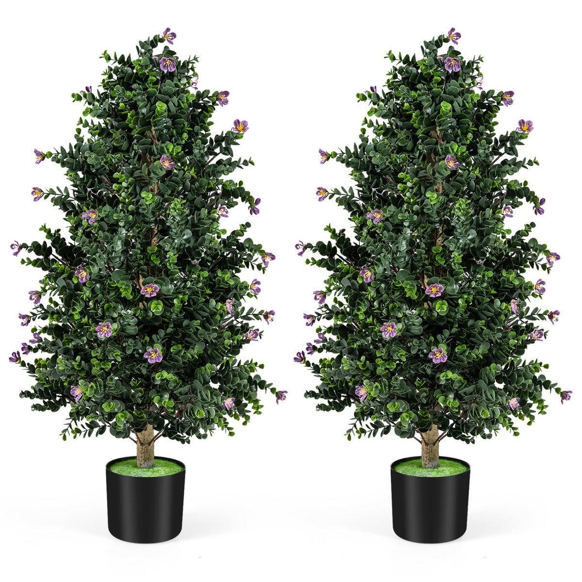 2 Pack Artificial Topiary Cone Tree Faux Potted Shrub Plant with 49 Flowers