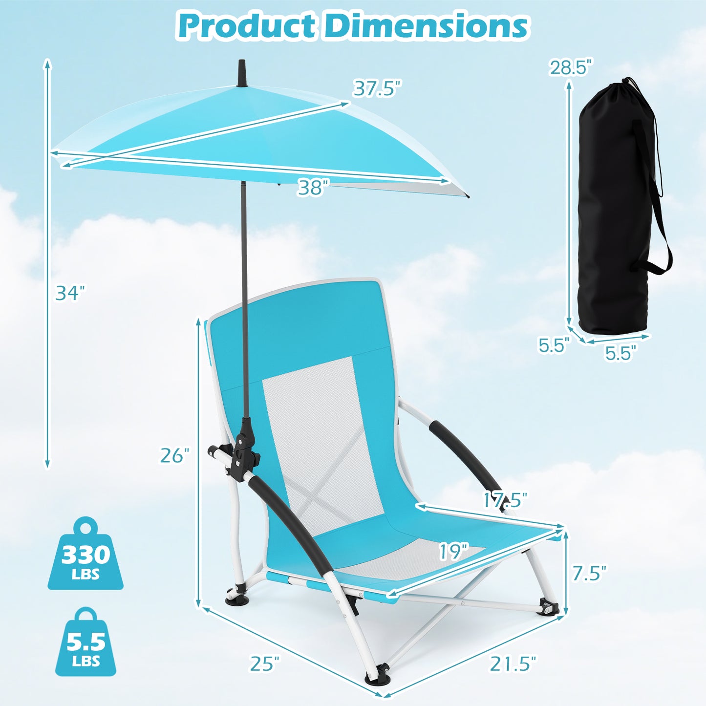 Beach Chair with Adjustable Umbrella for Adults - 2 Pack