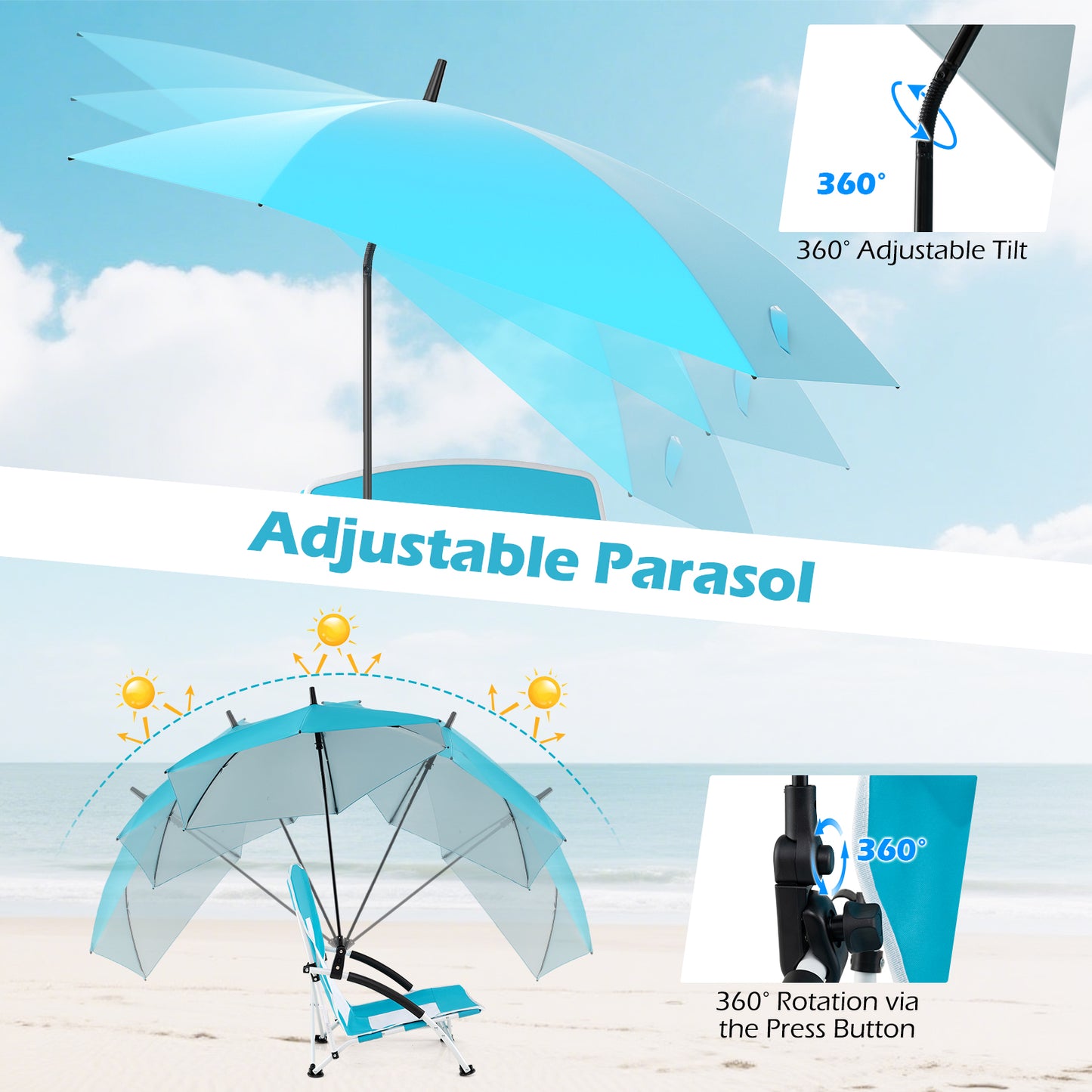 Beach Chair with Adjustable Umbrella for Adults - 2 Pack