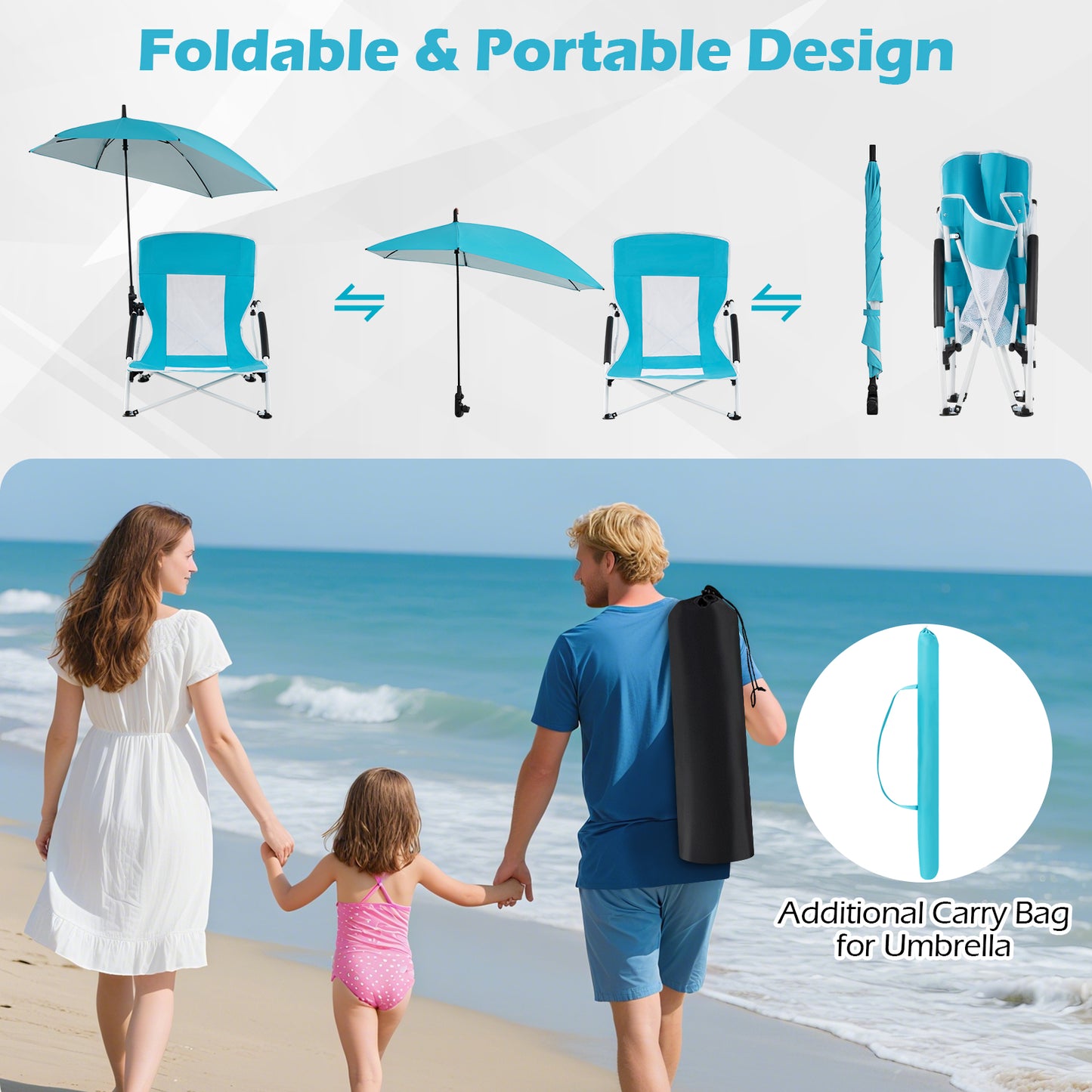 Beach Chair with Adjustable Umbrella for Adults - 2 Pack