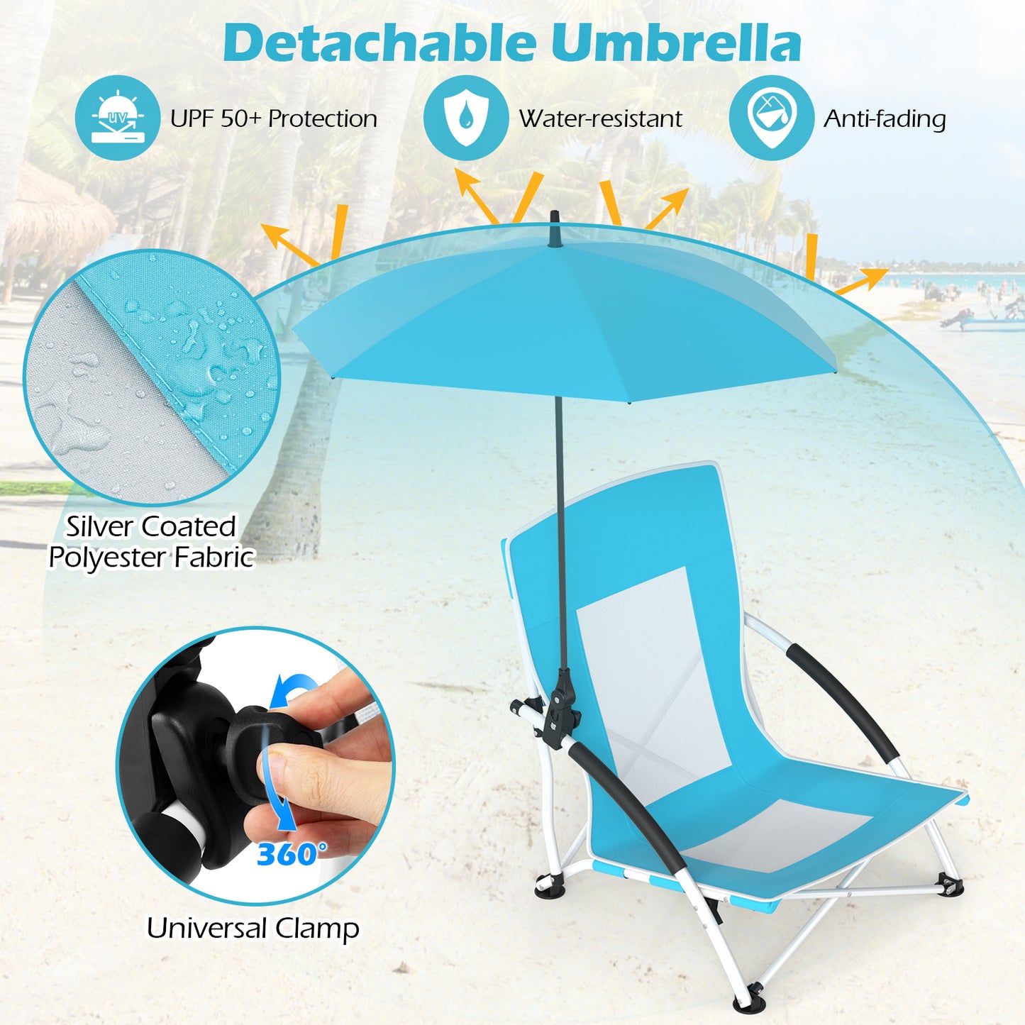 Beach Chair with Adjustable Umbrella for Adults - 2 Pack