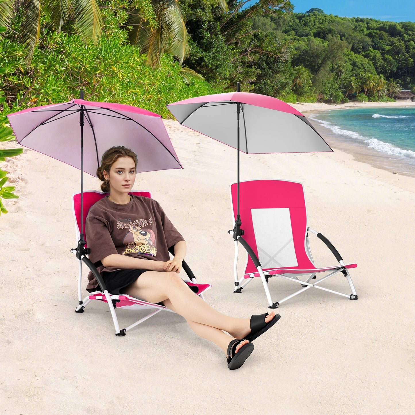 Beach Chair with Adjustable Umbrella for Adults - 2 Pack