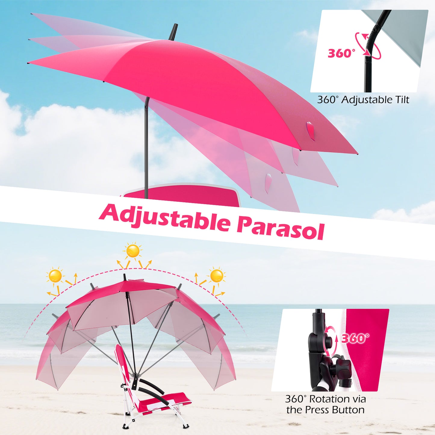Beach Chair with Adjustable Umbrella for Adults - 2 Pack