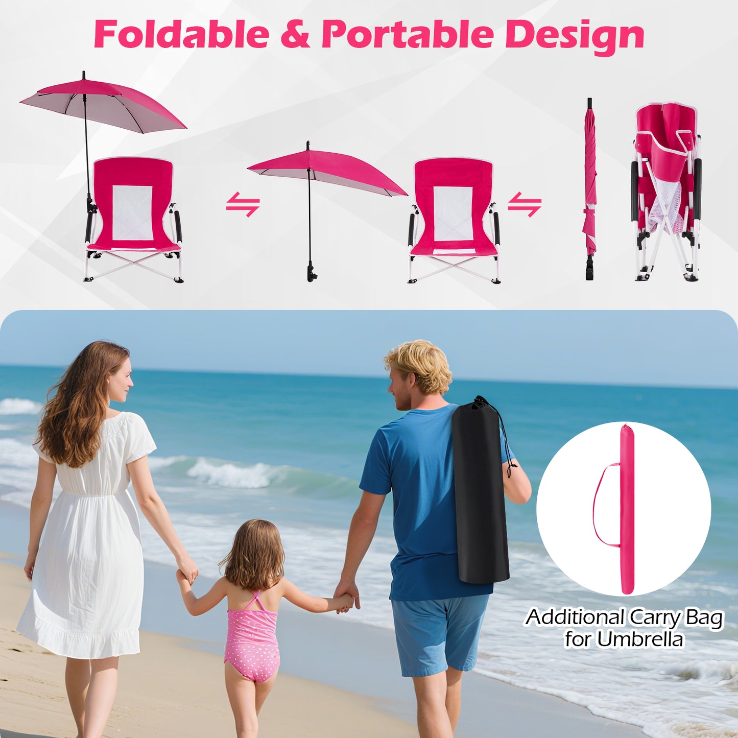 Beach Chair with Adjustable Umbrella for Adults - 2 Pack