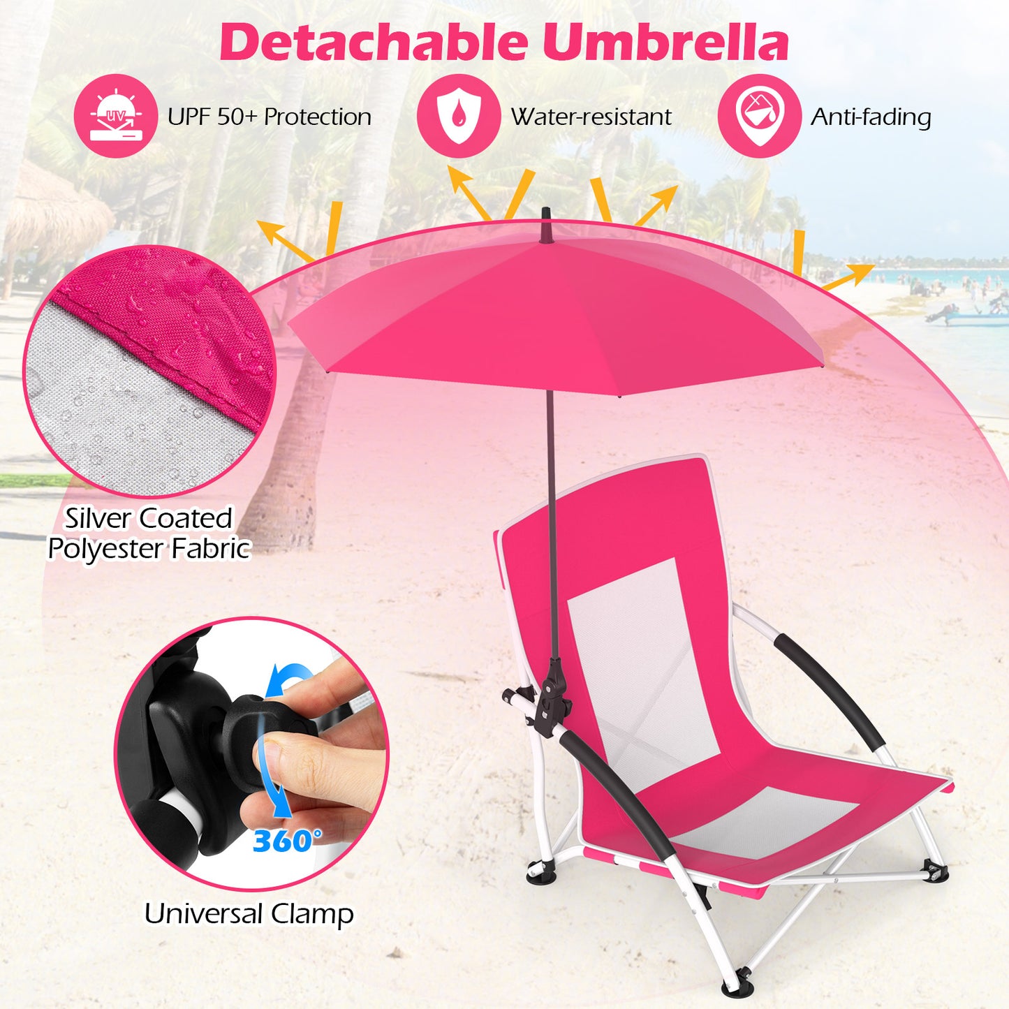 Beach Chair with Adjustable Umbrella for Adults - 2 Pack