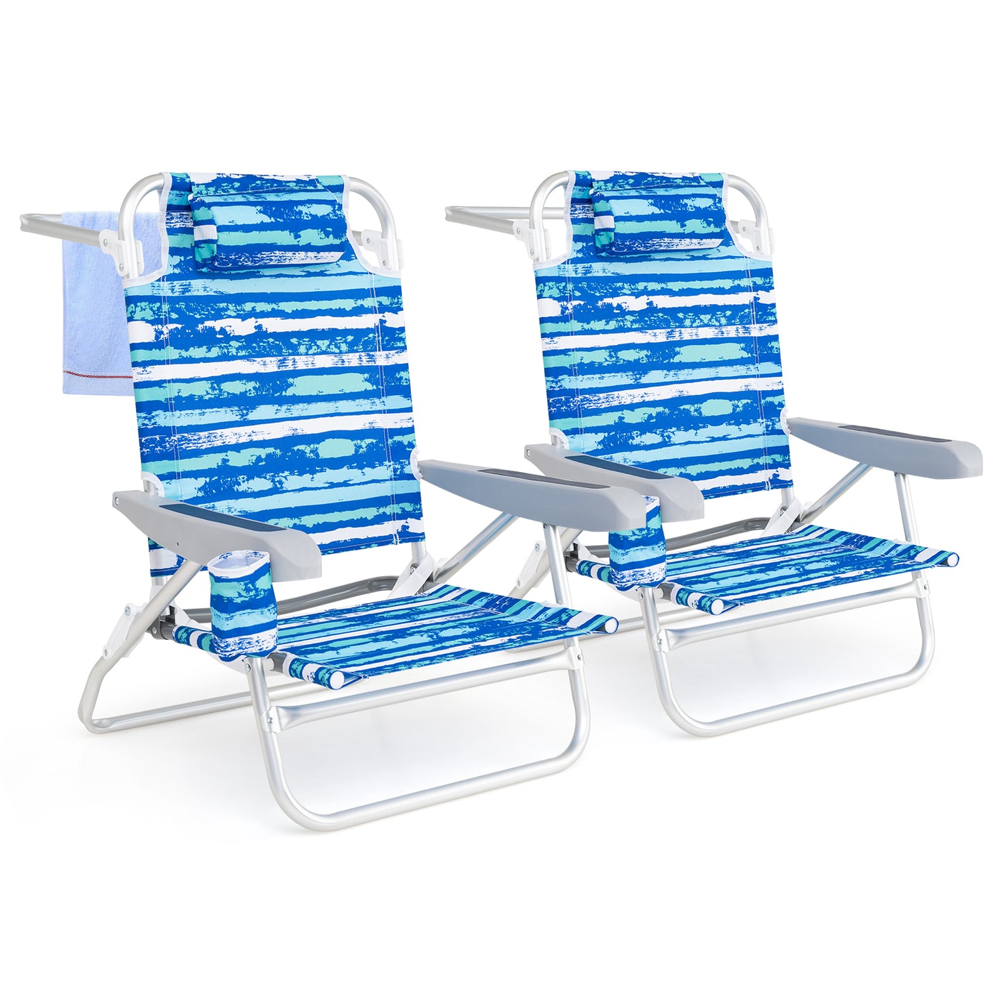 Folding Beach Chair 5-Position with Pillow - 2 Pack
