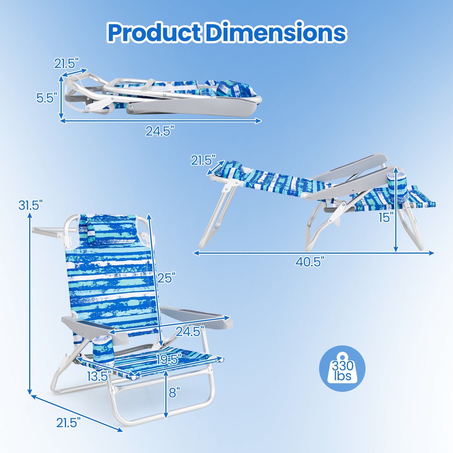 Folding Beach Chair 5-Position with Pillow - 2 Pack