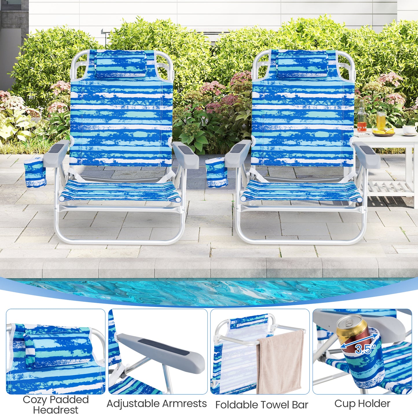 Folding Beach Chair 5-Position with Pillow - 2 Pack