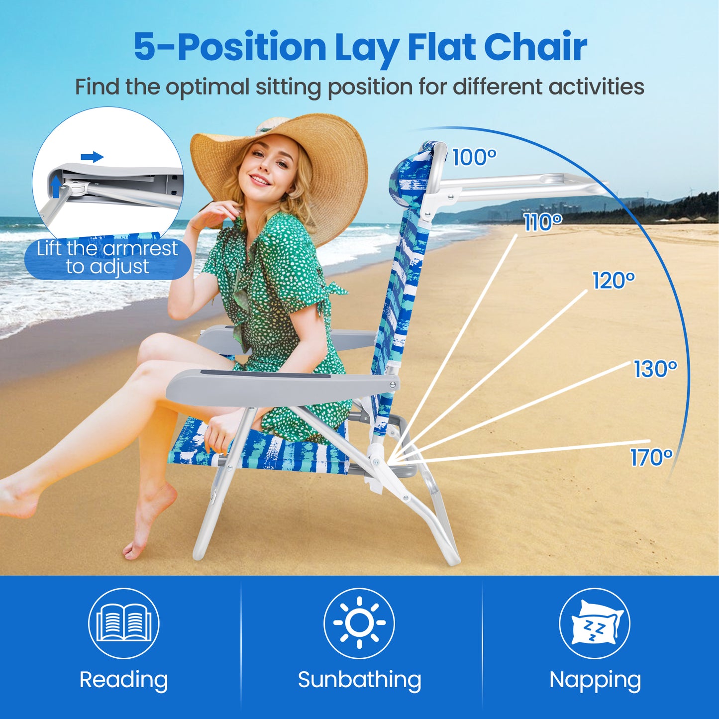 Folding Beach Chair 5-Position with Pillow - 2 Pack