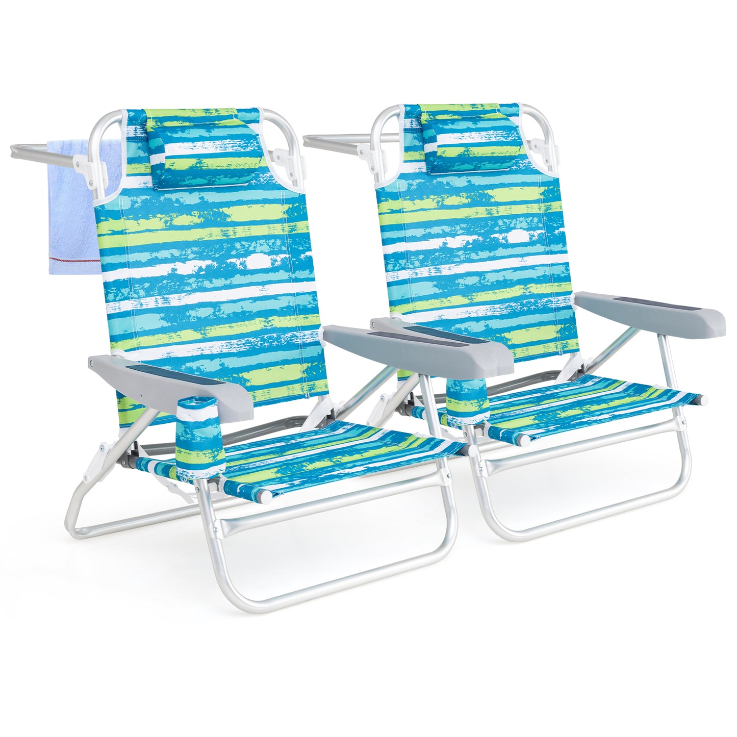 Folding Beach Chair 5-Position with Pillow - 2 Pack