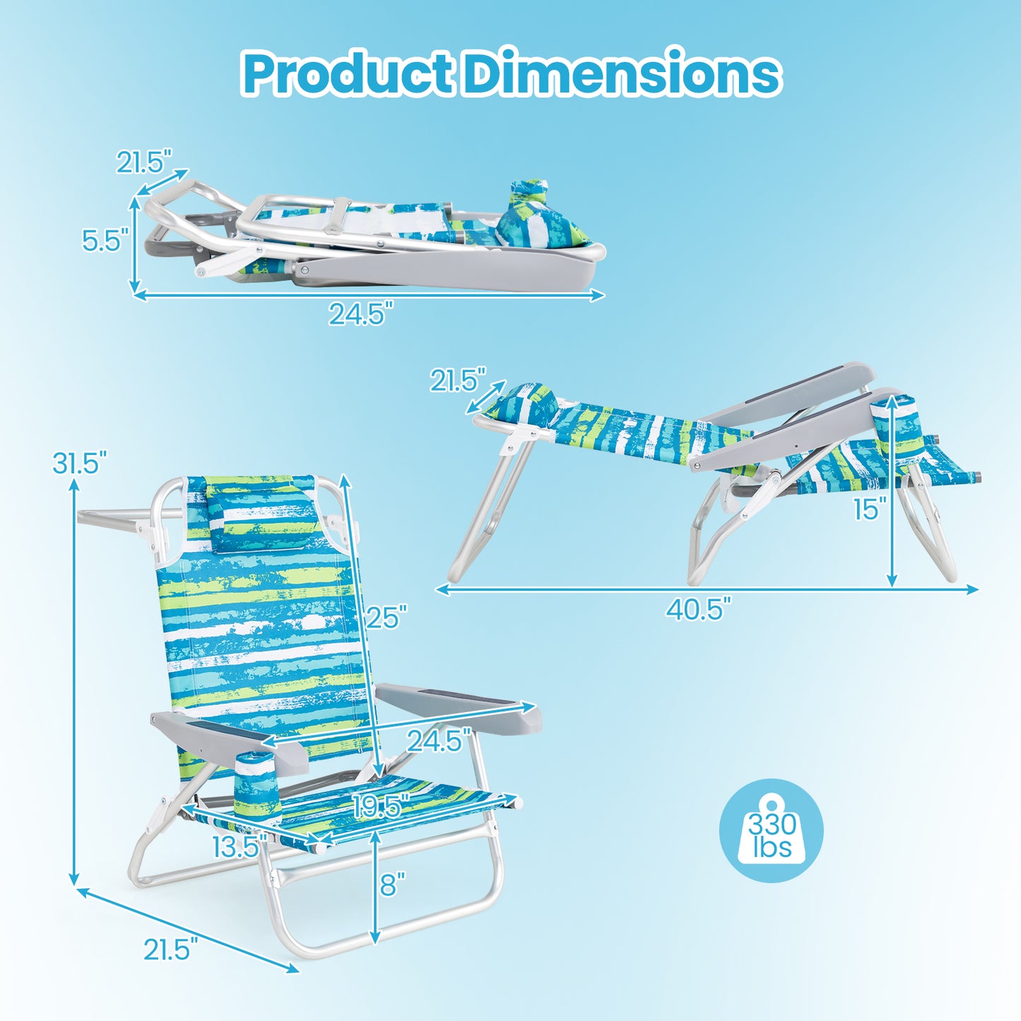 Folding Beach Chair 5-Position with Pillow - 2 Pack