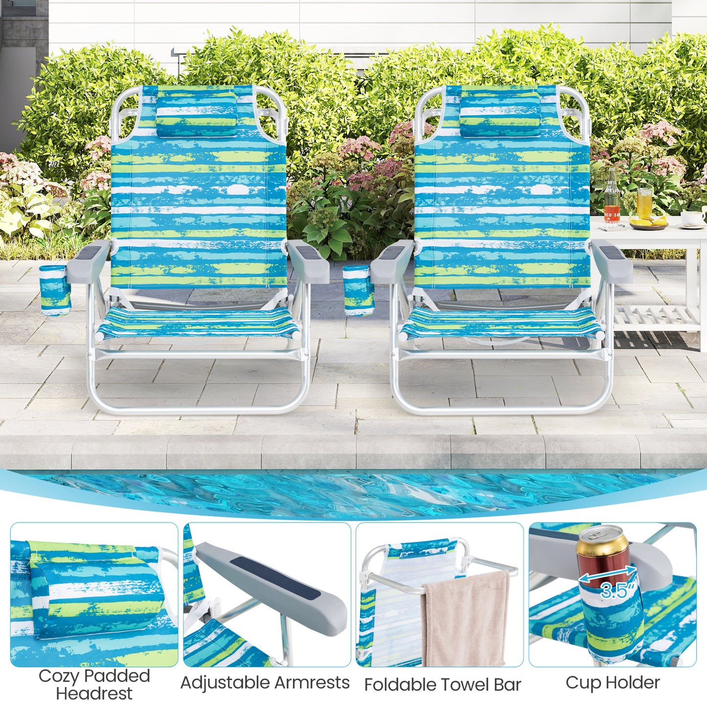 Folding Beach Chair 5-Position with Pillow - 2 Pack
