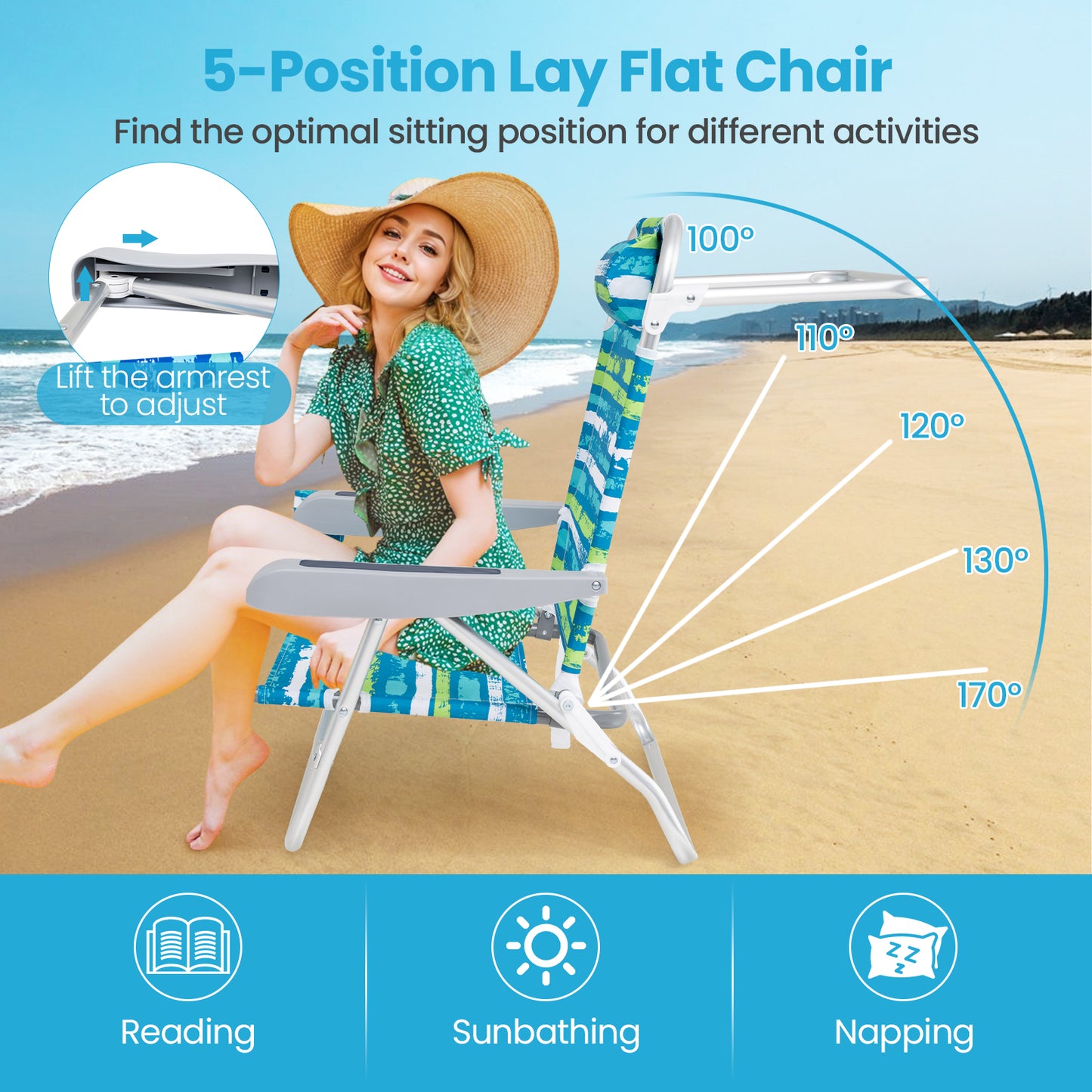 Folding Beach Chair 5-Position with Pillow - 2 Pack
