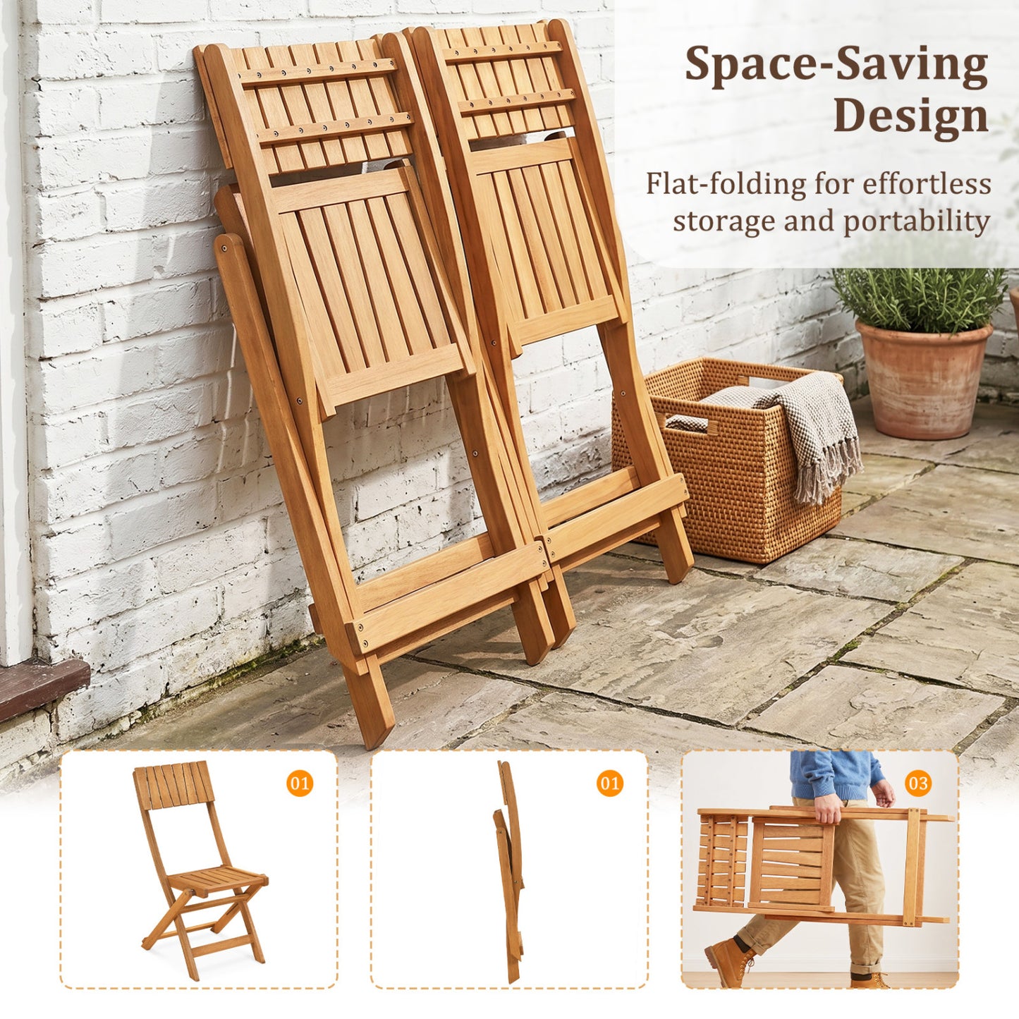 Folding Wood Dining Chairs Set of 2 with Slatted Design