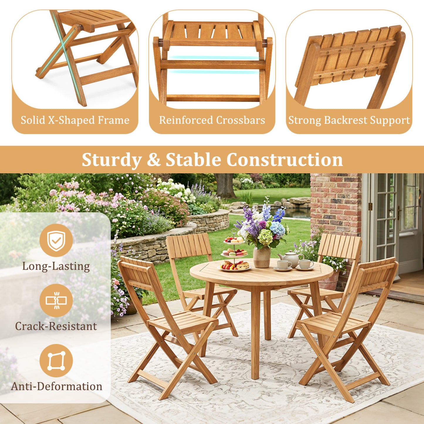 Folding Wood Dining Chairs Set of 2 with Slatted Design
