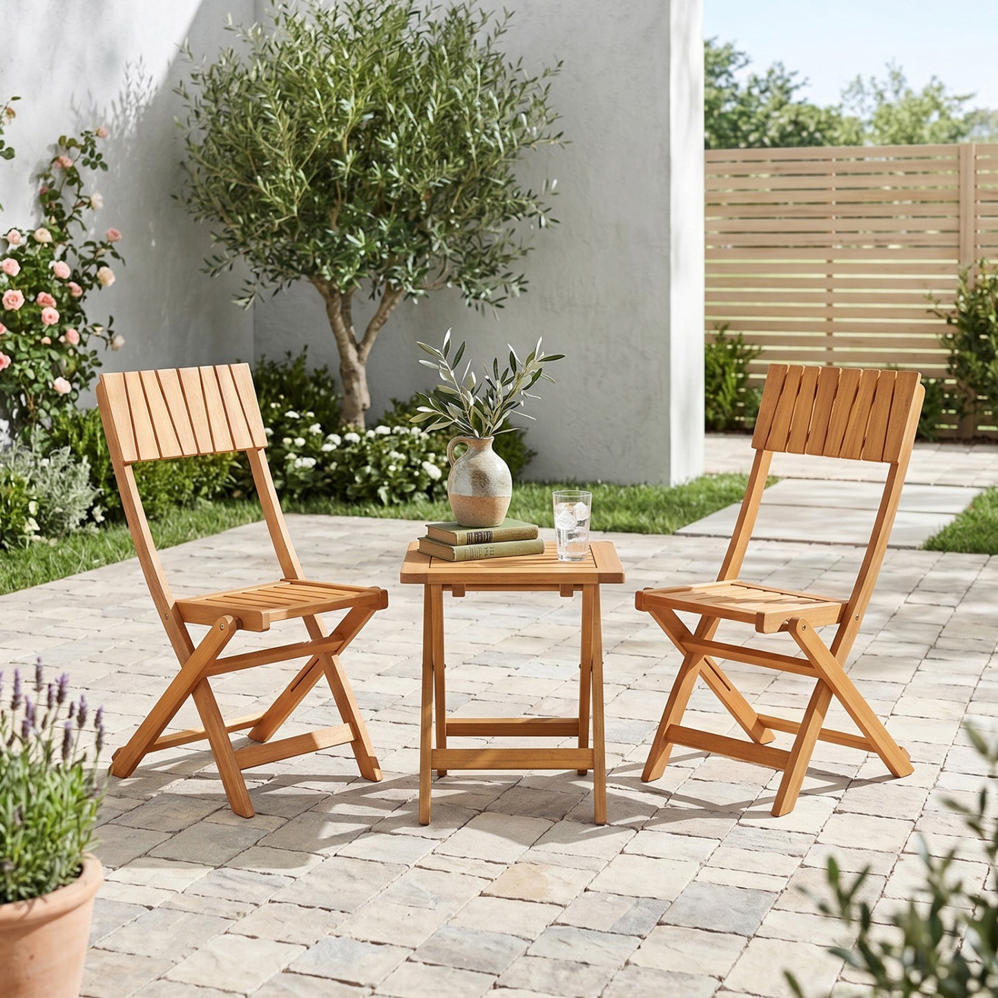 Folding Wood Dining Chairs Set of 2 with Slatted Design