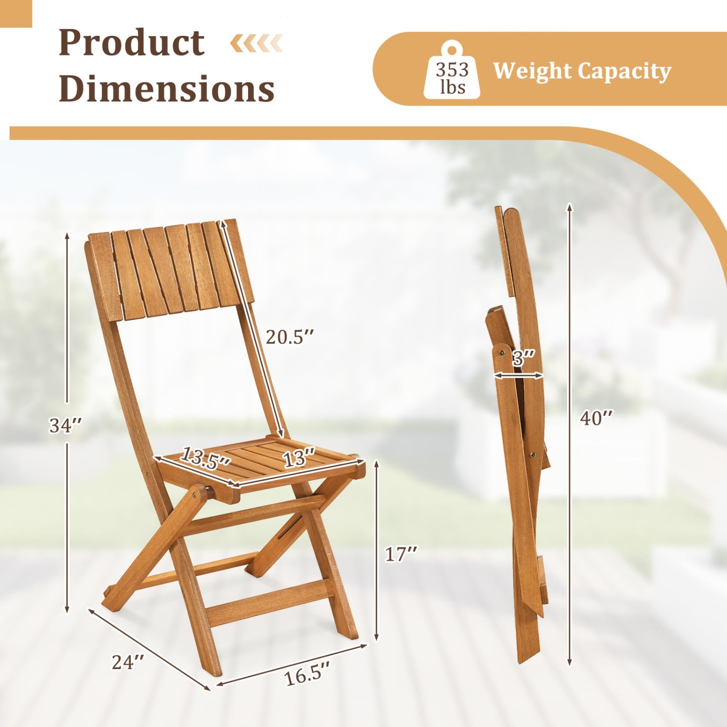 Folding Wood Dining Chairs Set of 2 with Slatted Design